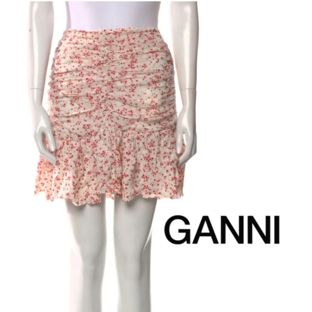 Ganni Floral Print Pleated, Ruffle & Mesh Accents Skirt M